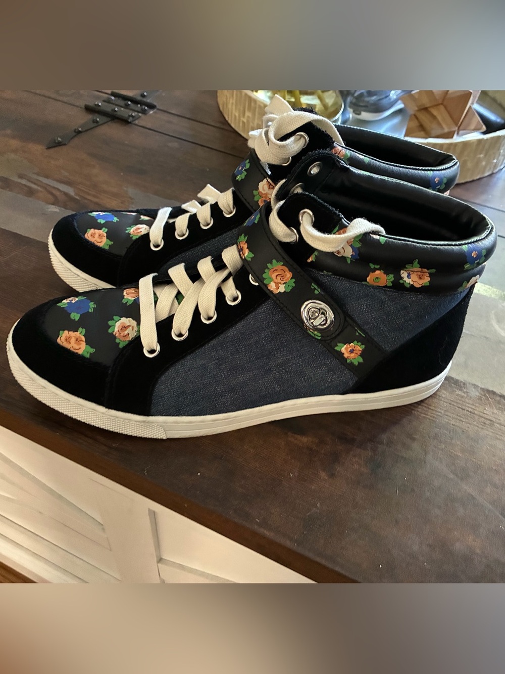 Coach Black Floral High-Top Sneakers with Cream Laces